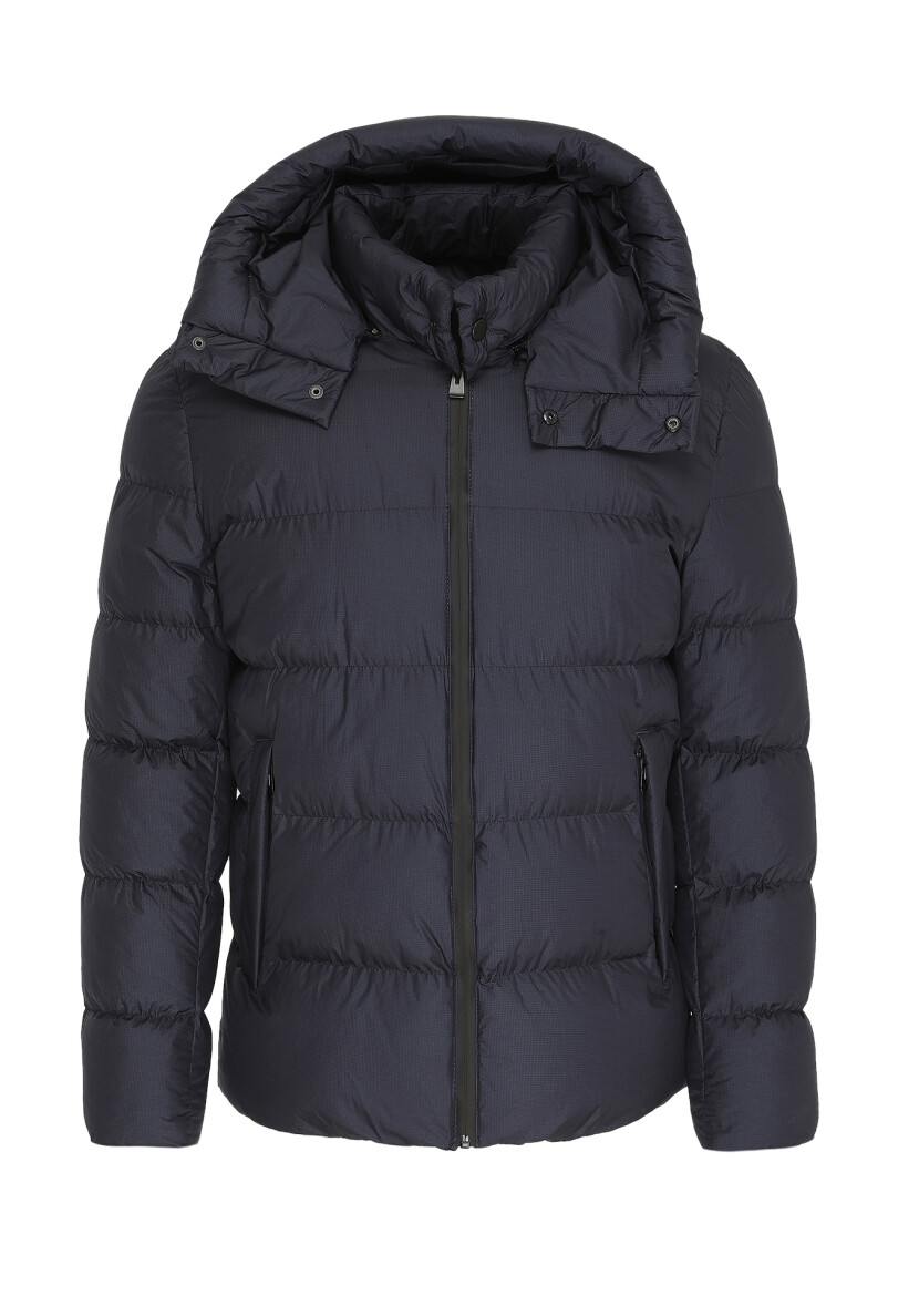Navy Blue Regular Fit Hooded Casual Weaving Coat - 7