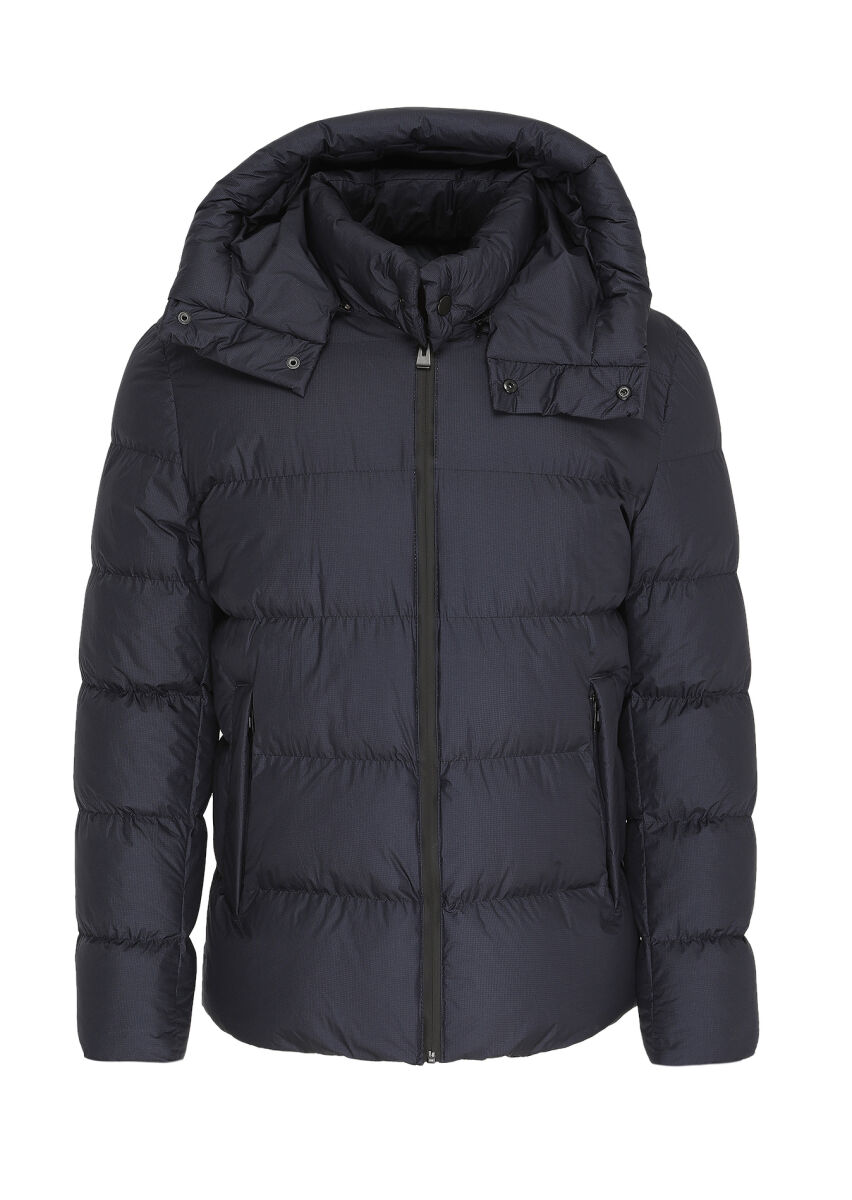 Navy Blue Regular Fit Hooded Casual Weaving Coat - 7