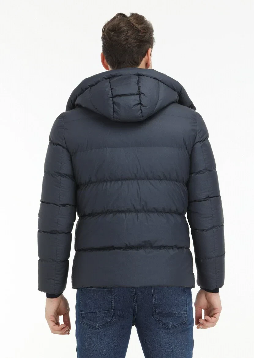 Navy Blue Regular Fit Hooded Casual Weaving Coat - 6