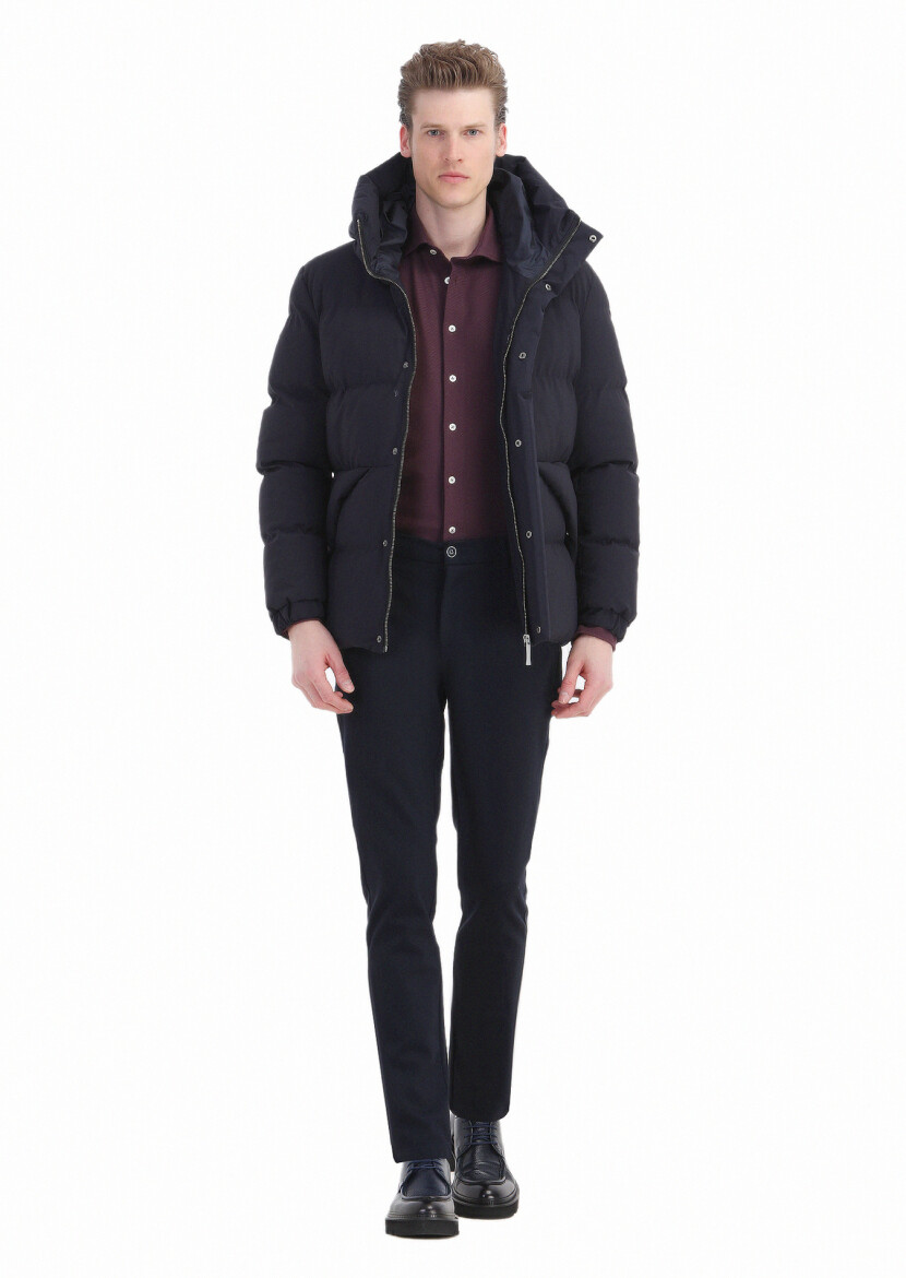 Navy Blue Regular Fit Hooded Casual Weaving Coat - 2