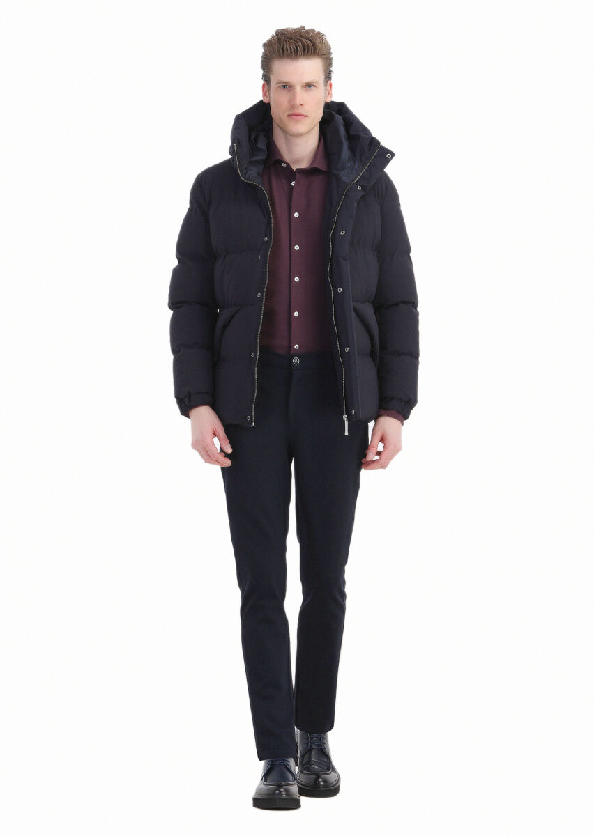 Navy Blue Regular Fit Hooded Casual Weaving Coat - 2