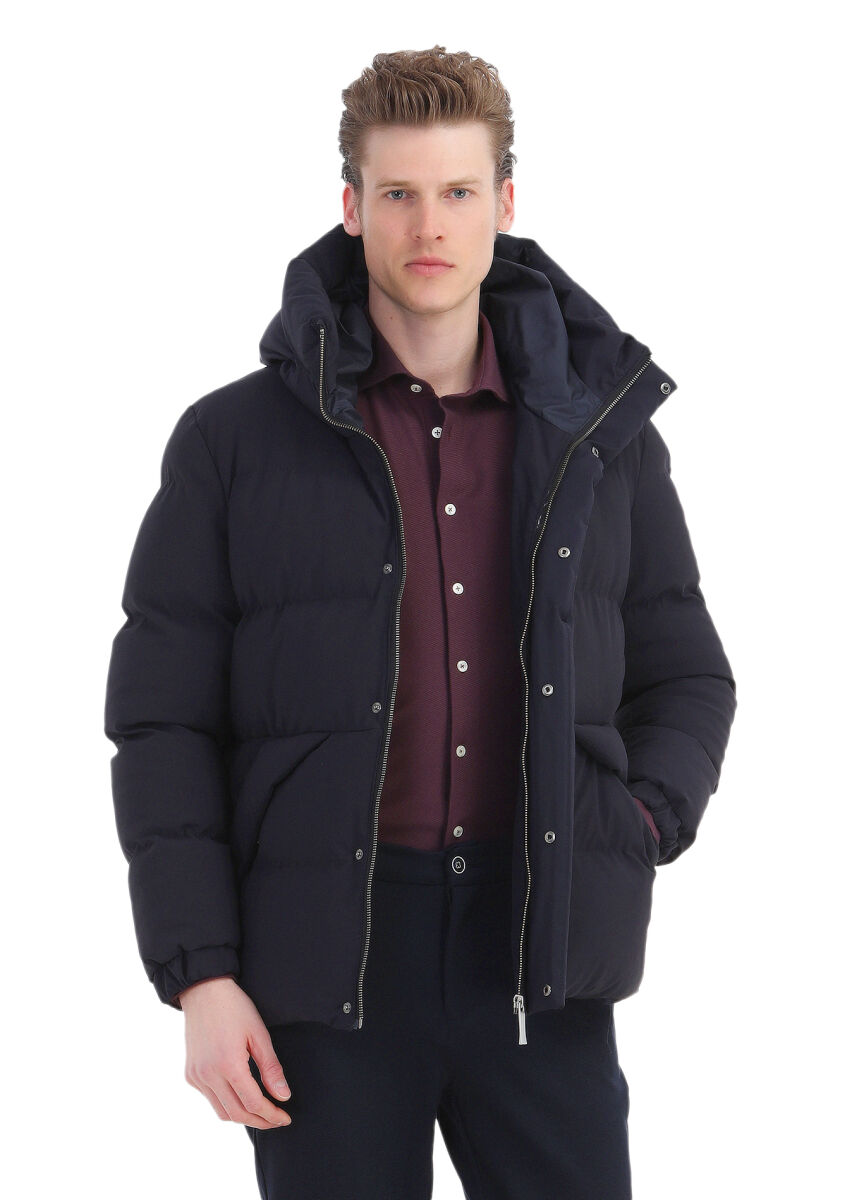 Navy Blue Regular Fit Hooded Casual Weaving Coat - 3