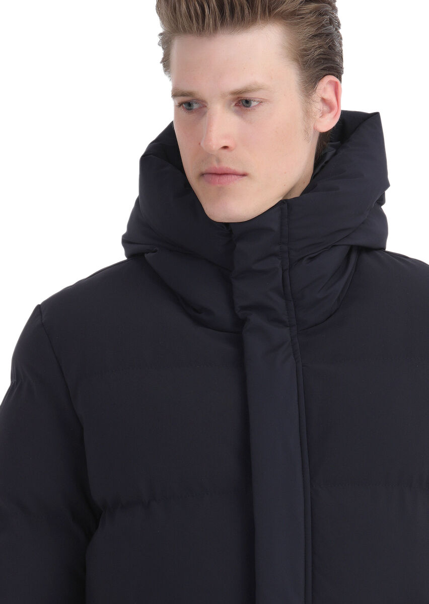 Navy Blue Regular Fit Hooded Casual Weaving Coat - 4