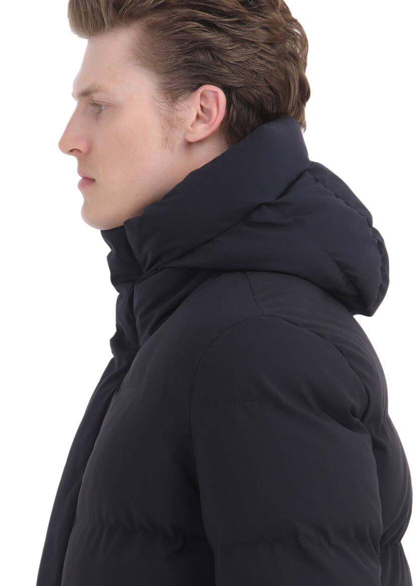 Navy Blue Regular Fit Hooded Casual Weaving Coat - 5