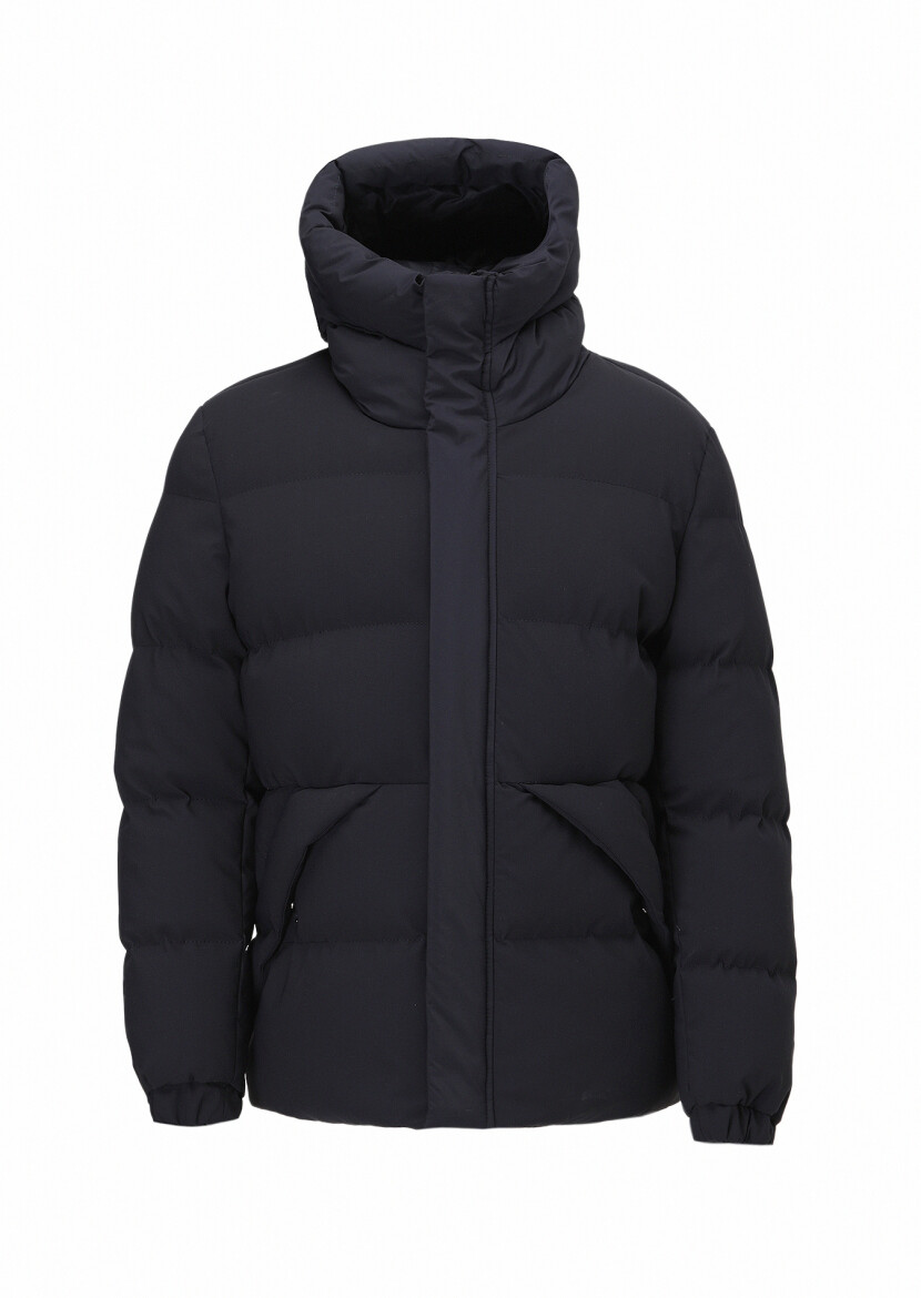 Navy Blue Regular Fit Hooded Casual Weaving Coat - 7