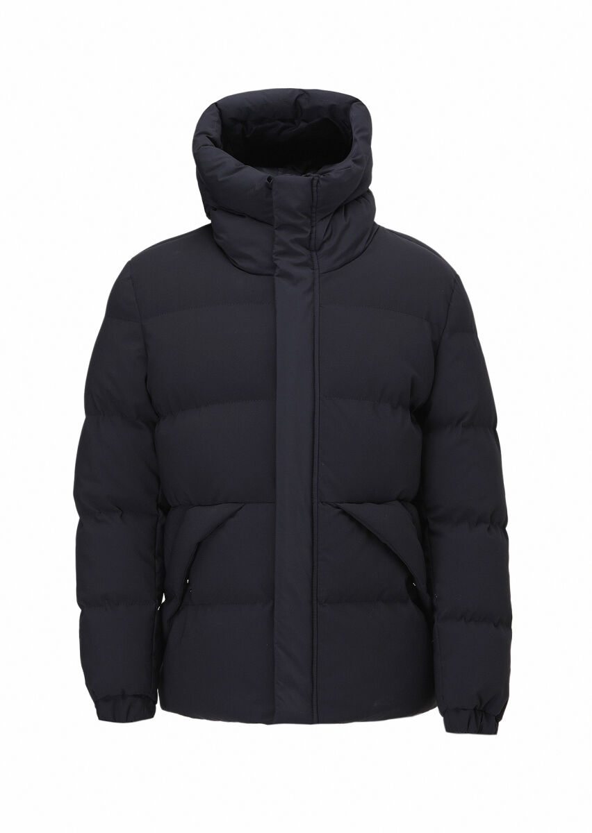 Navy Blue Regular Fit Hooded Casual Weaving Coat - 7