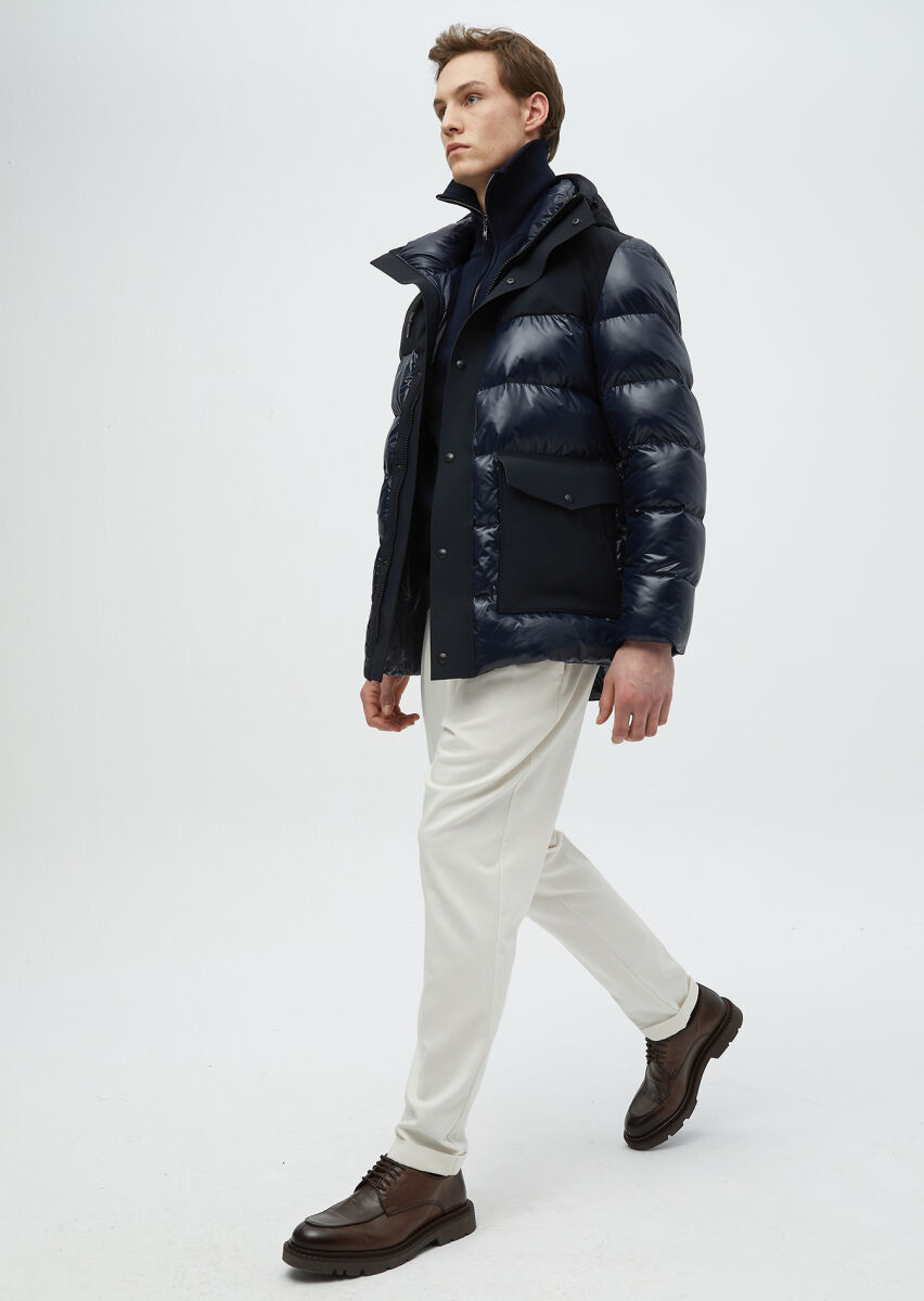 Navy Blue Regular Fit Hooded Casual Weaving Coat - 1