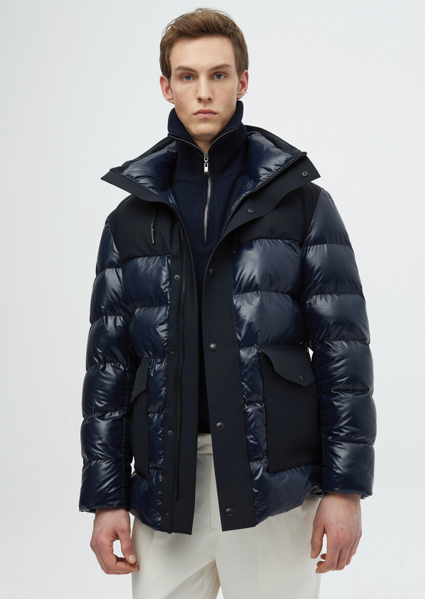 Navy Blue Regular Fit Hooded Casual Weaving Coat - RAMSEY