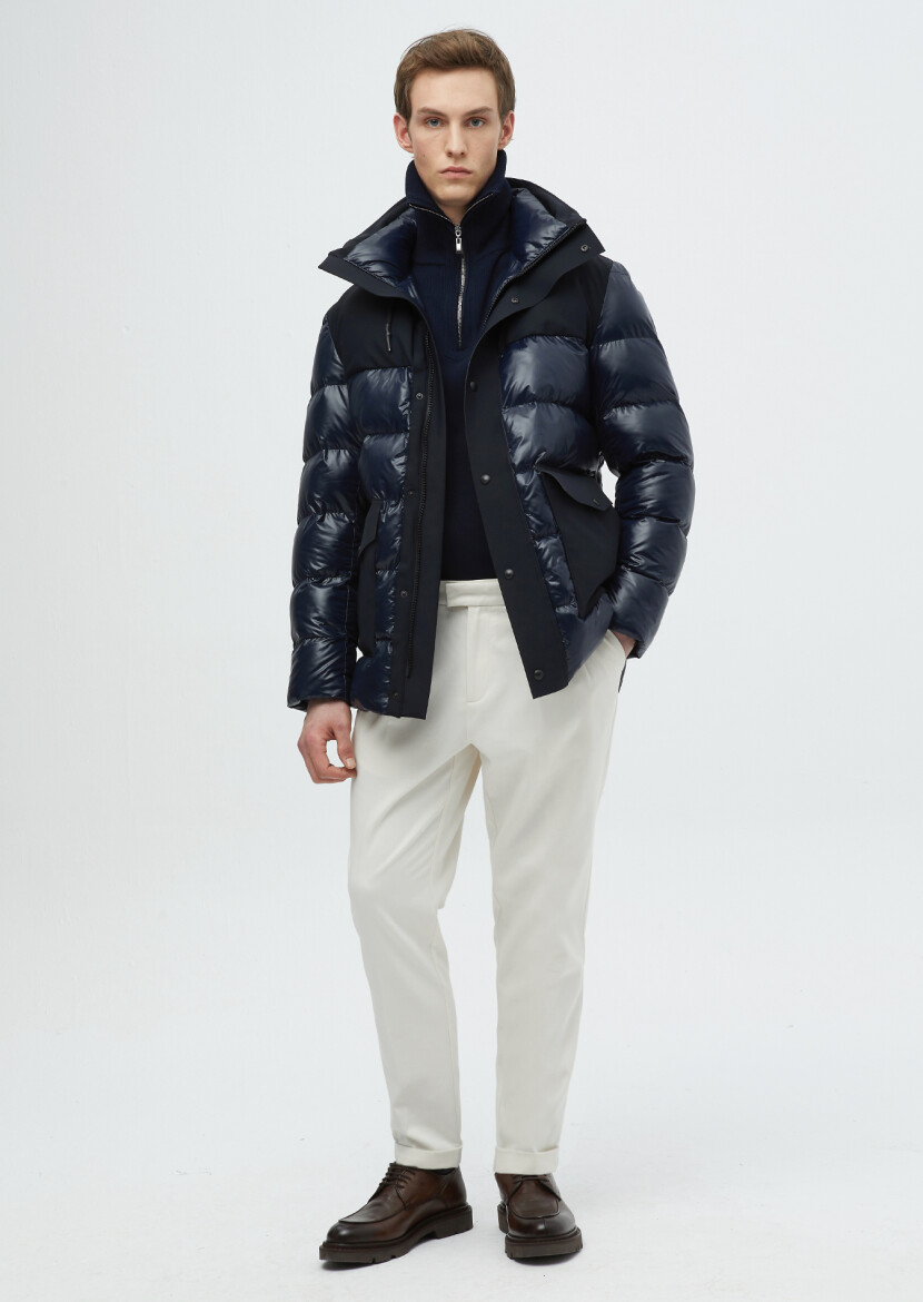 Navy Blue Regular Fit Hooded Casual Weaving Coat - 3