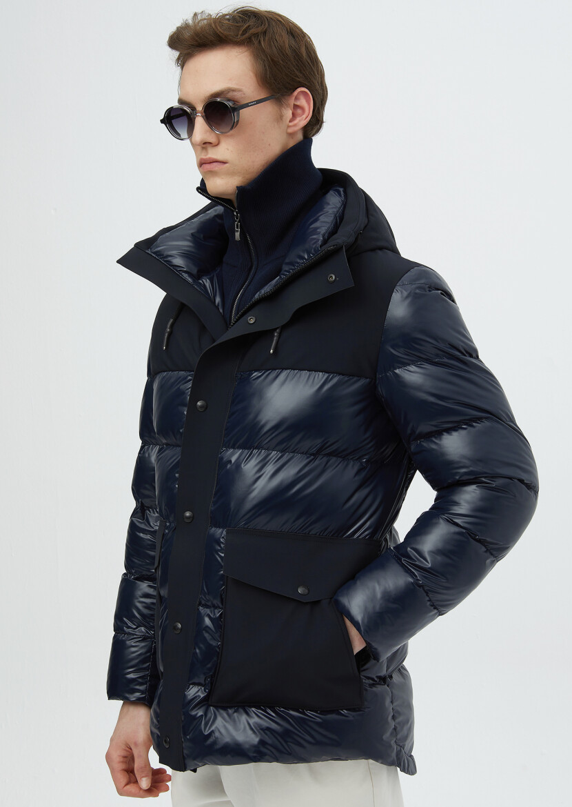 Navy Blue Regular Fit Hooded Casual Weaving Coat - 4