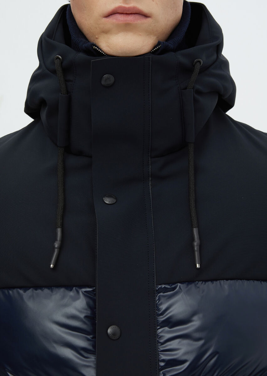 Navy Blue Regular Fit Hooded Casual Weaving Coat - 5