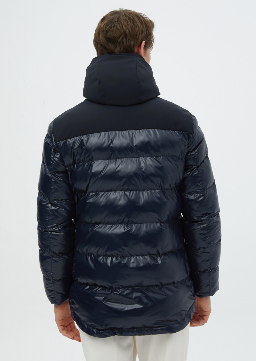 Navy Blue Regular Fit Hooded Casual Weaving Coat - 7