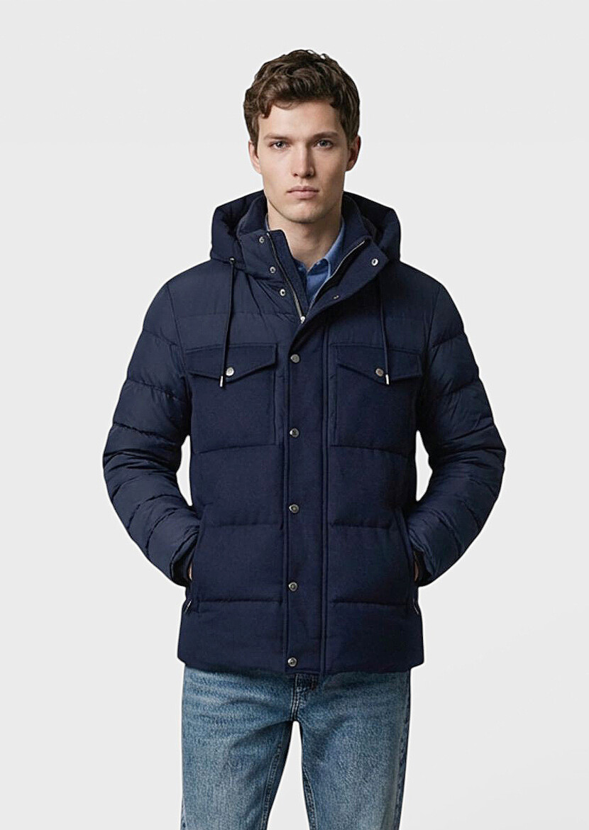 Navy Blue Regular Fit Hooded Casual Weaving Coat - RAMSEY