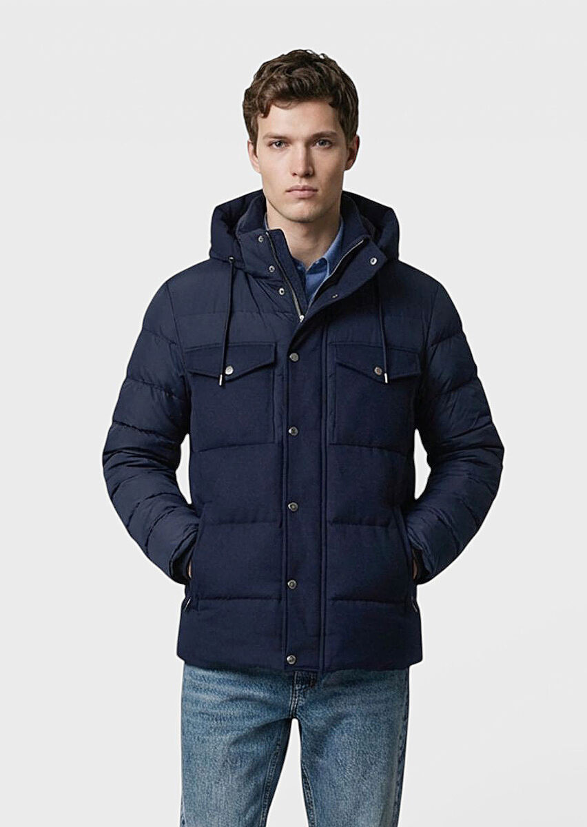 Navy Blue Regular Fit Hooded Casual Weaving Coat - 1