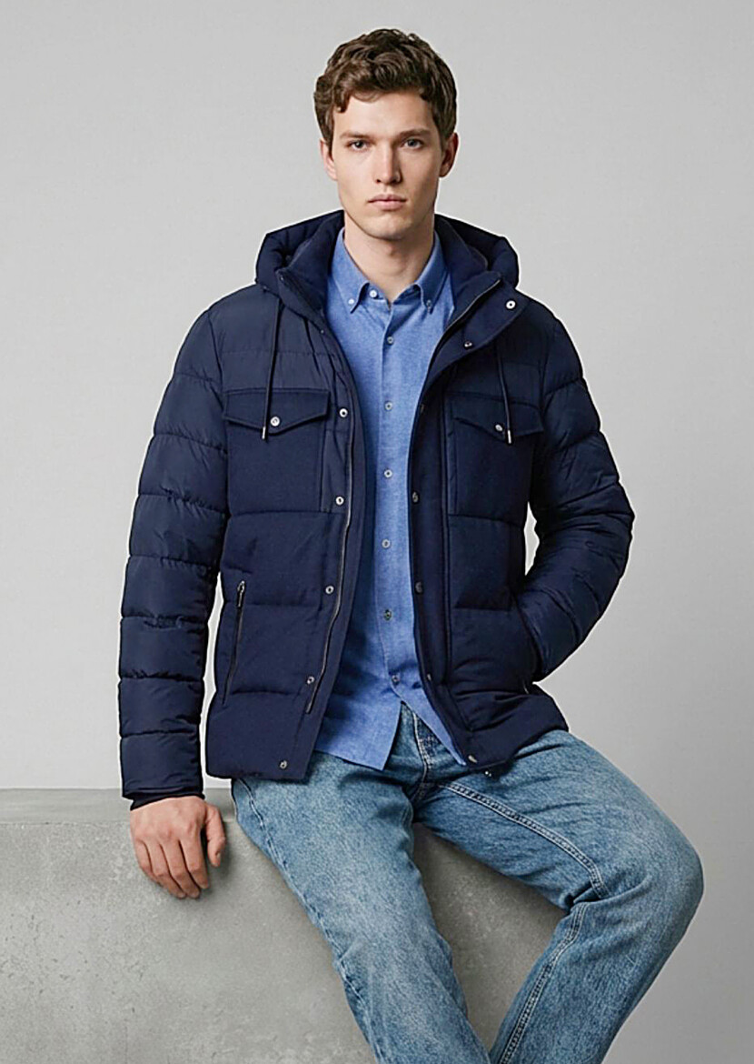 Navy Blue Regular Fit Hooded Casual Weaving Coat - RAMSEY