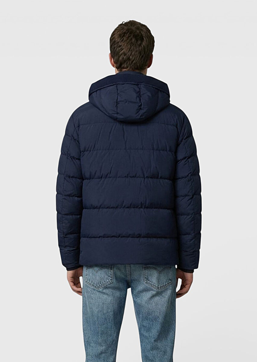 Navy Blue Regular Fit Hooded Casual Weaving Coat - 4