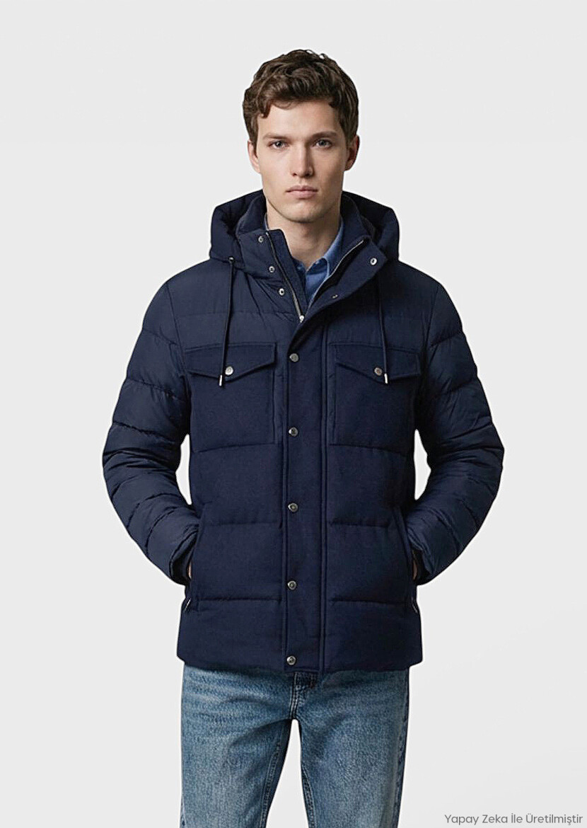 Navy Blue Regular Fit Hooded Casual Weaving Coat 