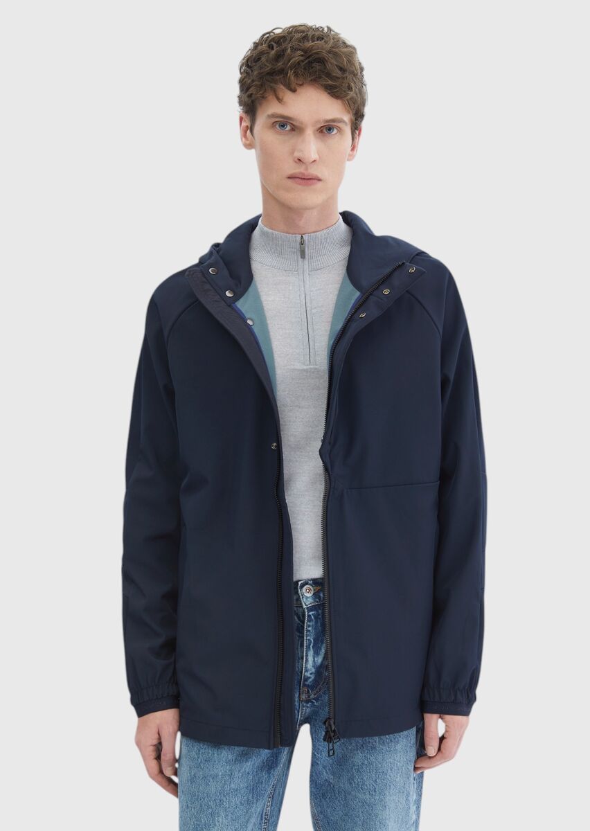 Navy Blue Regular Fit Hooded Casual Weaving Coat - 3