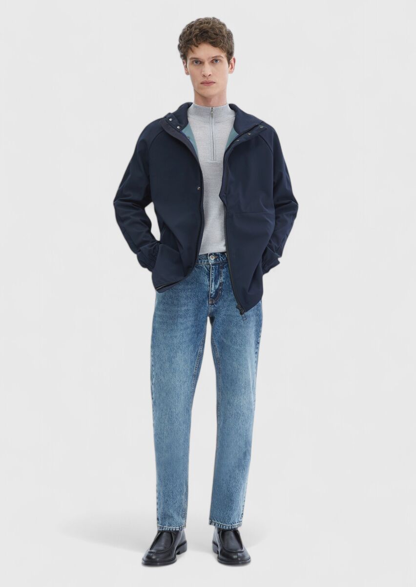 Navy Blue Regular Fit Hooded Casual Weaving Coat - 2