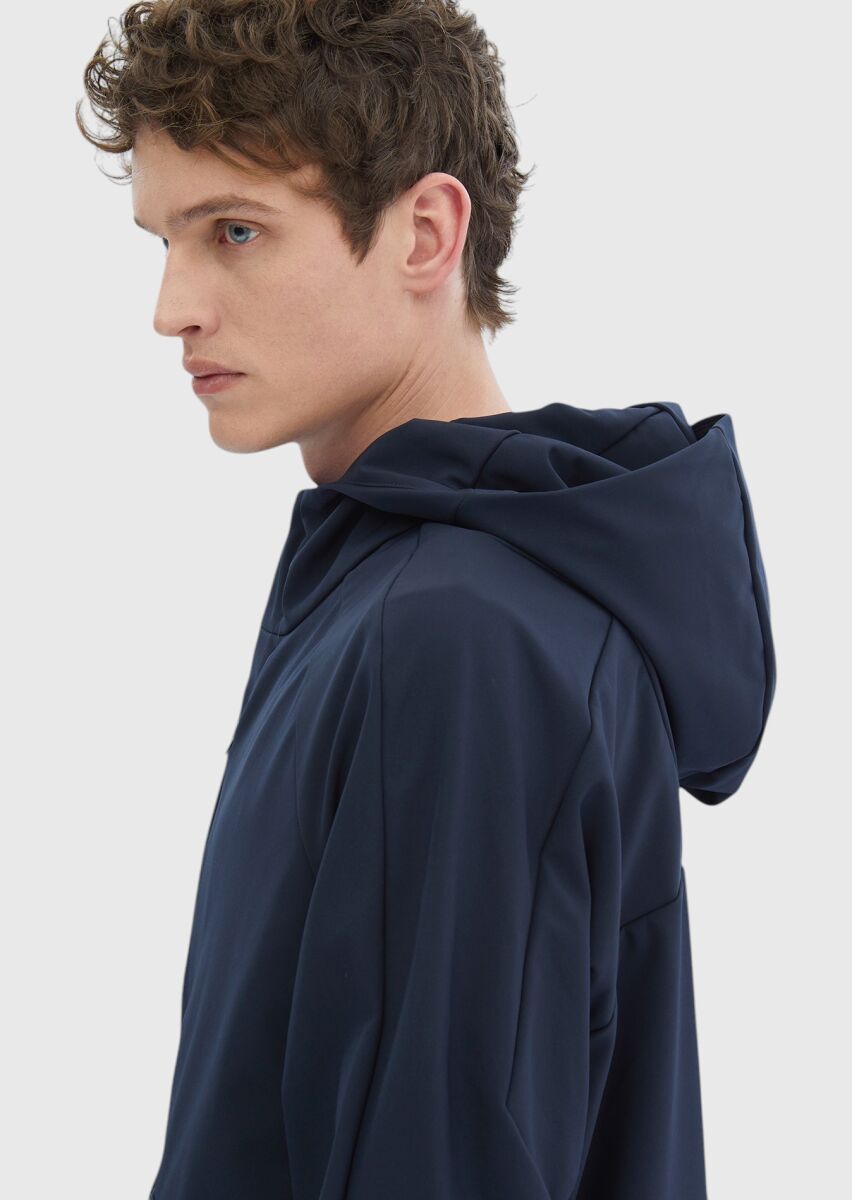 Navy Blue Regular Fit Hooded Casual Weaving Coat - 5