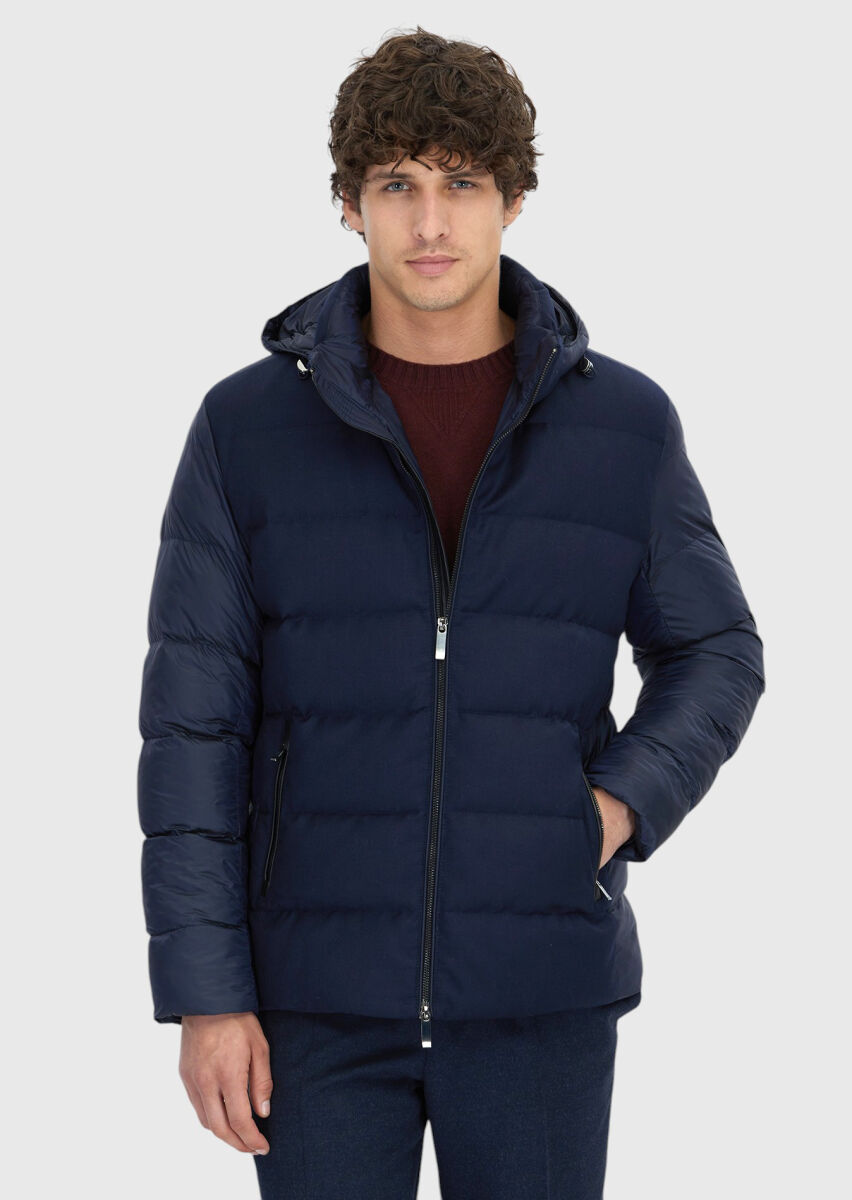 Navy Blue Regular Fit Hooded Casual Weaving Coat - 1