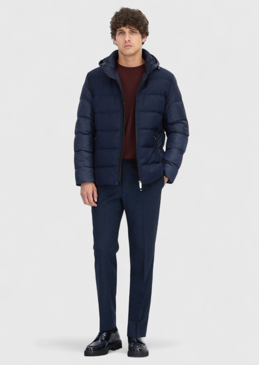 Navy Blue Regular Fit Hooded Casual Weaving Coat - RAMSEY
