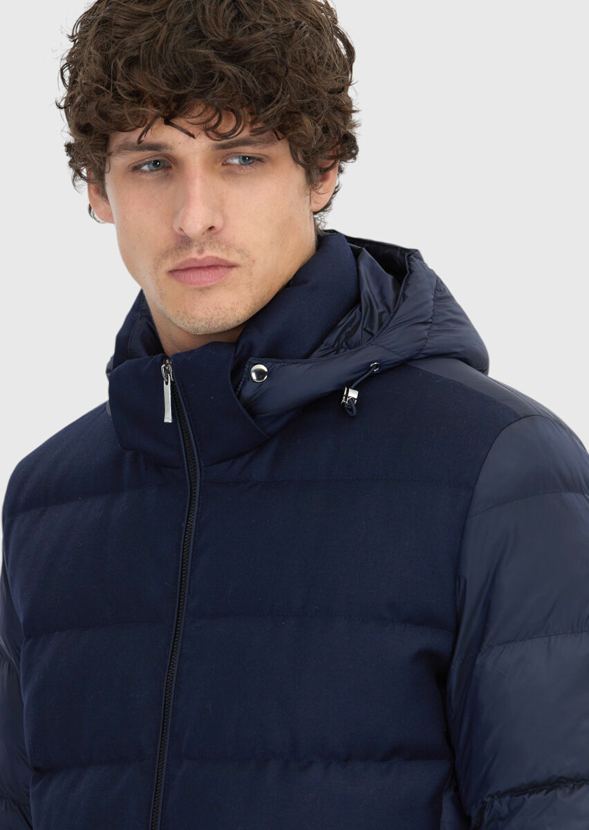 Navy Blue Regular Fit Hooded Casual Weaving Coat - 3