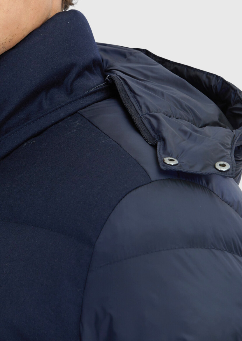 Navy Blue Regular Fit Hooded Casual Weaving Coat - 4