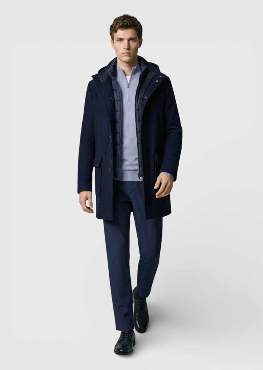 Navy Blue Regular Fit Hooded Casual Weaving Coat - 1