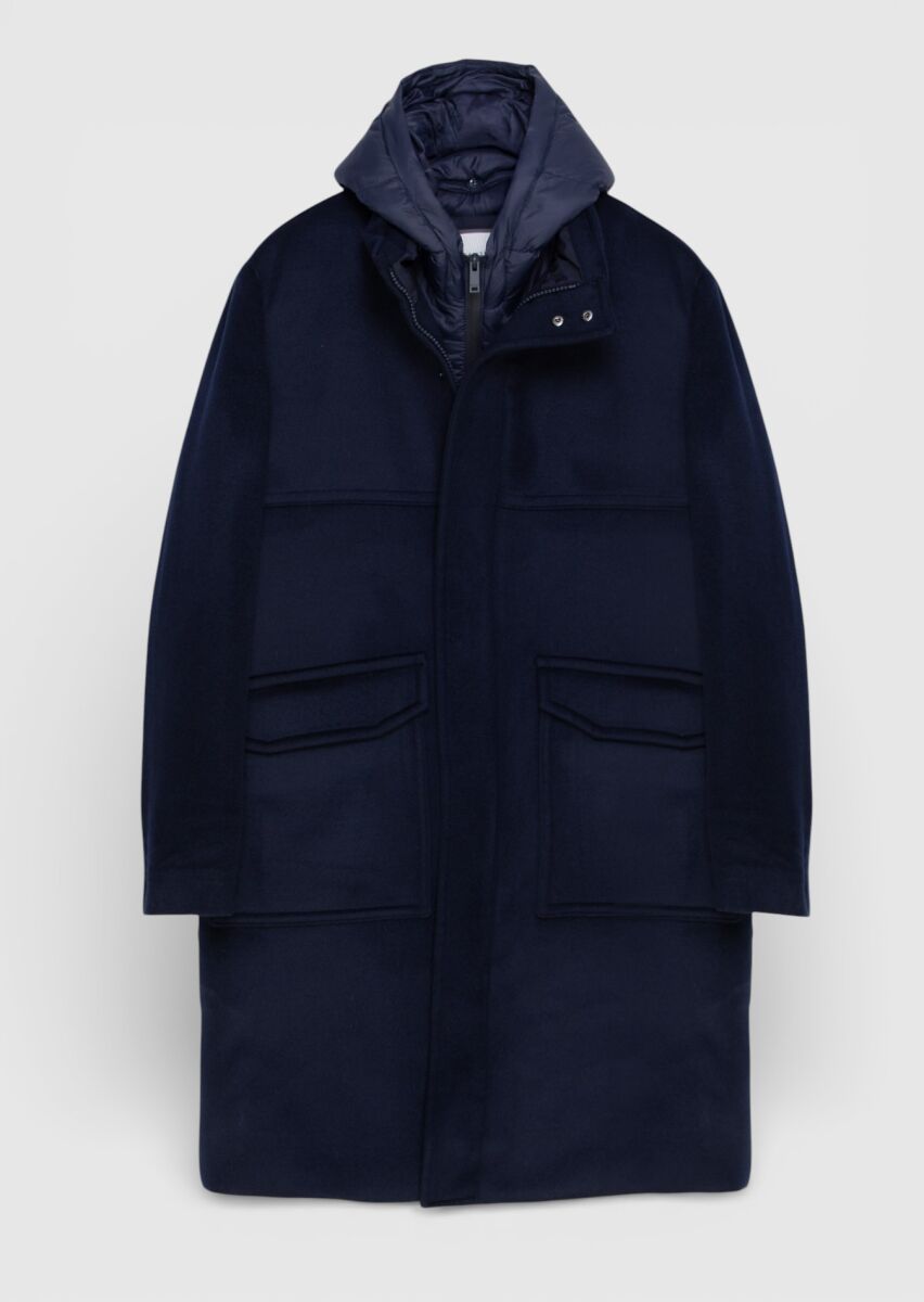 Navy Blue Regular Fit Hooded Casual Weaving Coat - 5