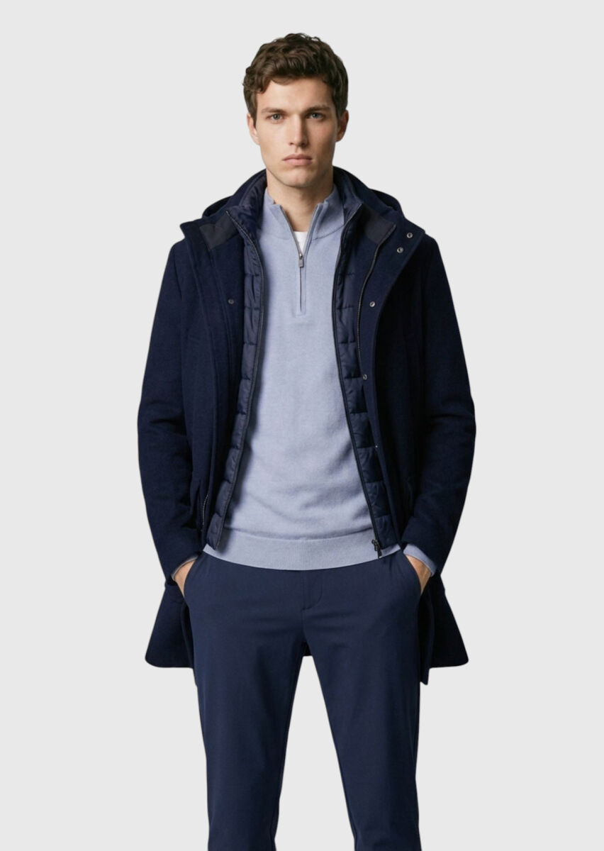 Navy Blue Regular Fit Hooded Casual Weaving Coat - 2