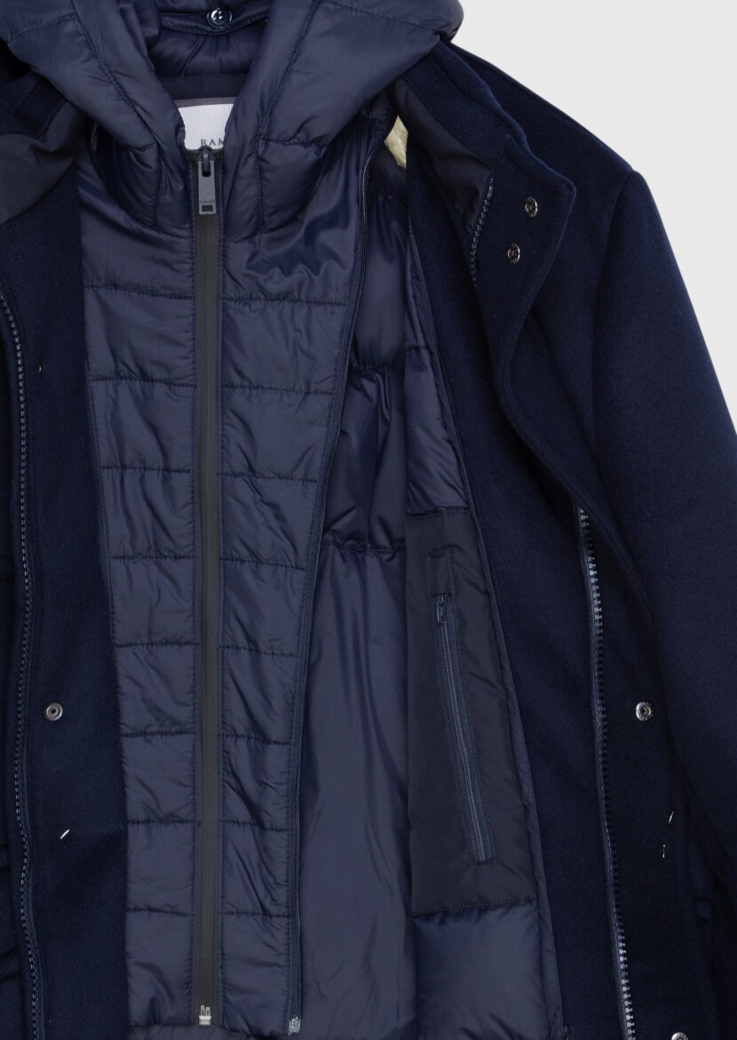 Navy Blue Regular Fit Hooded Casual Weaving Coat - 7