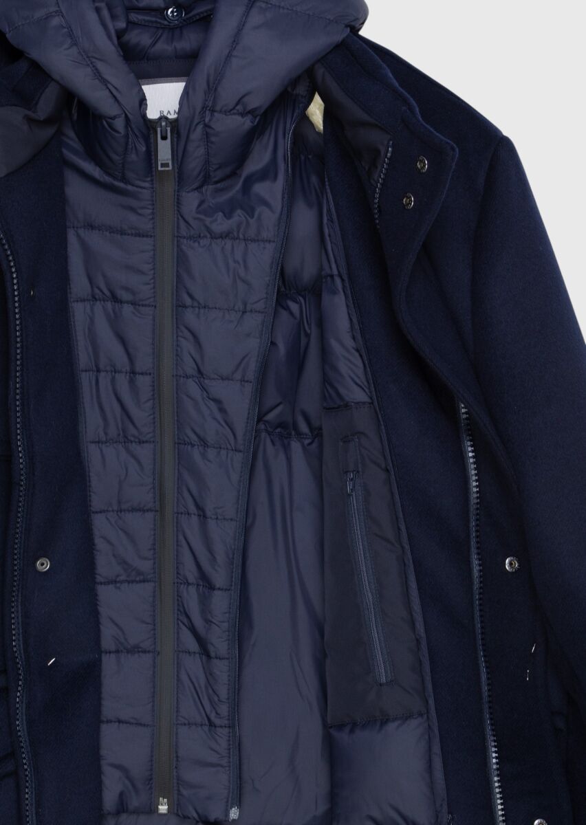 Navy Blue Regular Fit Hooded Casual Weaving Coat - 7