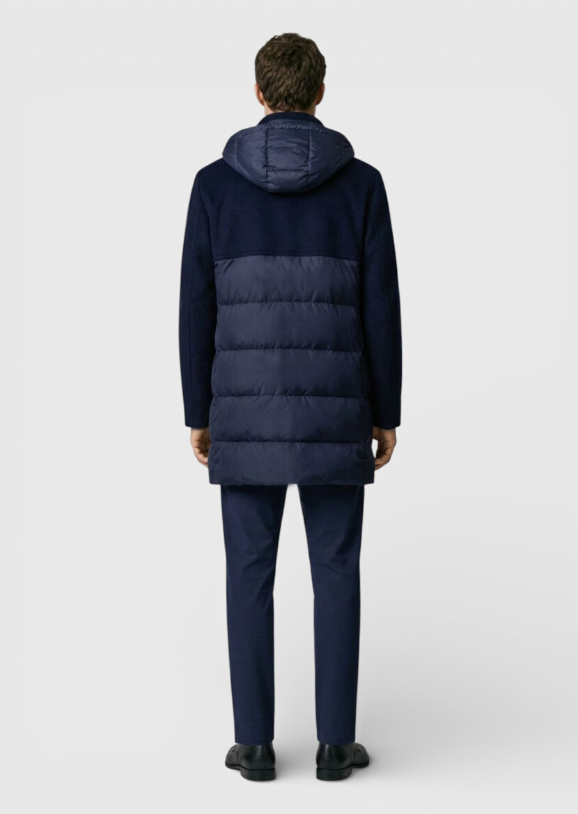 Navy Blue Regular Fit Hooded Casual Weaving Coat - 4