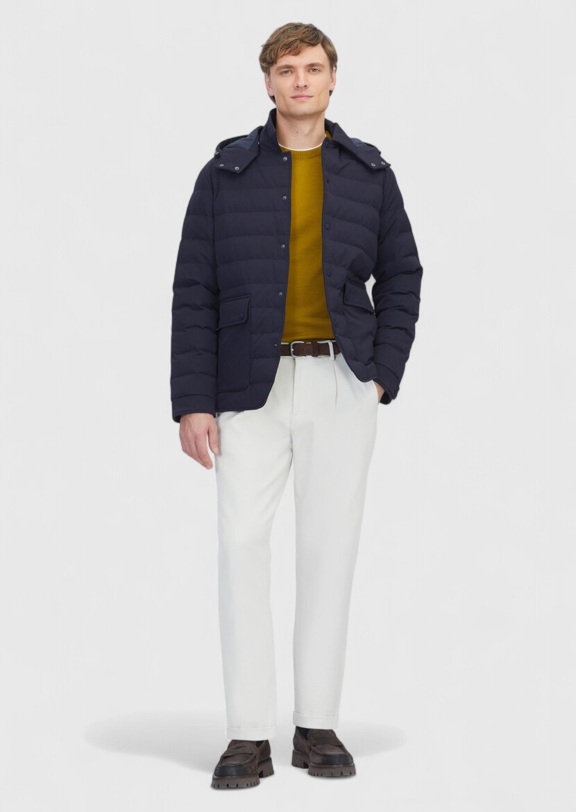 Navy Blue Regular Fit Hooded Casual Weaving Coat - RAMSEY