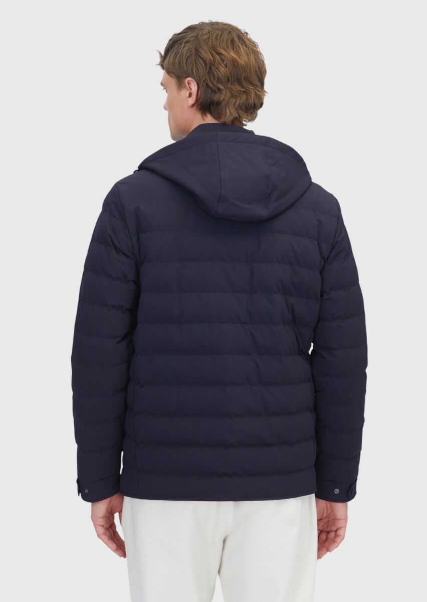 Navy Blue Regular Fit Hooded Casual Weaving Coat - 6