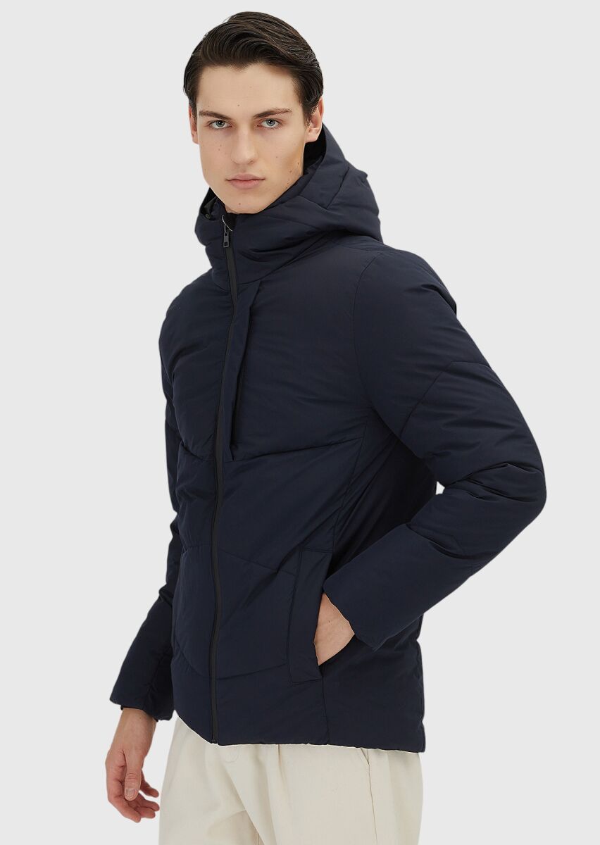 Navy Blue Regular Fit Hooded Casual Weaving Coat - 1