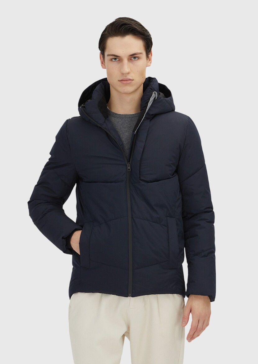 Navy Blue Regular Fit Hooded Casual Weaving Coat - 4