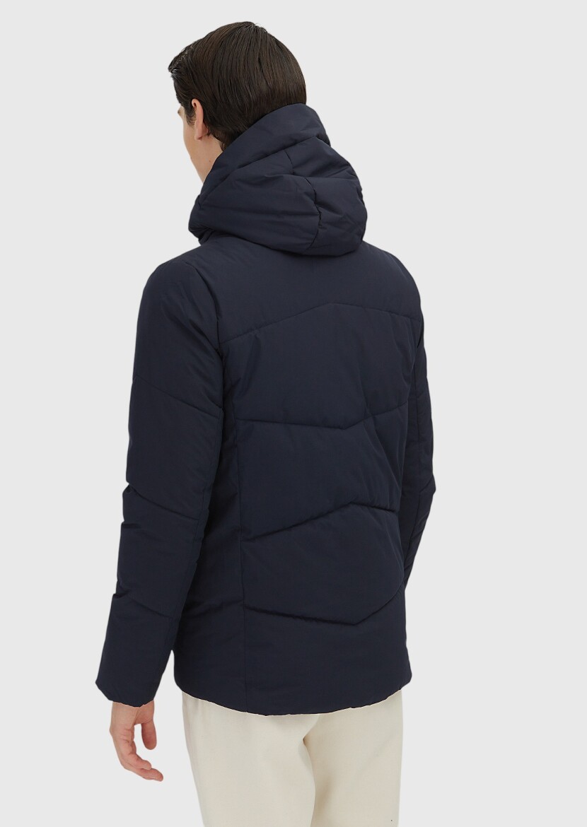 Navy Blue Regular Fit Hooded Casual Weaving Coat - 5