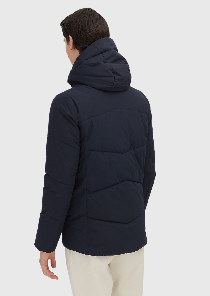 Navy Blue Regular Fit Hooded Casual Weaving Coat - 5