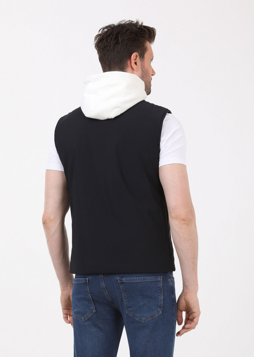 Navy Blue Regular Fit Hooded Casual Weaving Puffer Vest - 4