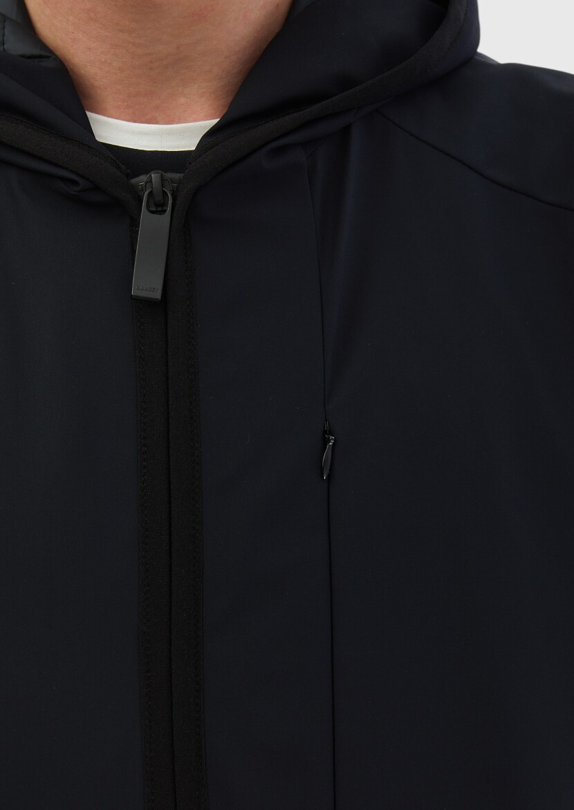 Navy Blue Regular Fit Hooded Casual Weaving Puffer Vest - 5