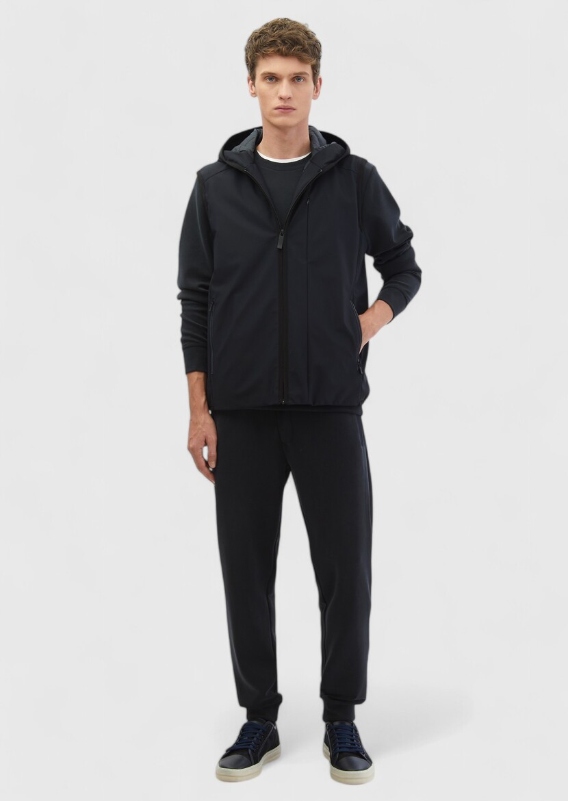 Navy Blue Regular Fit Hooded Casual Weaving Puffer Vest - RAMSEY