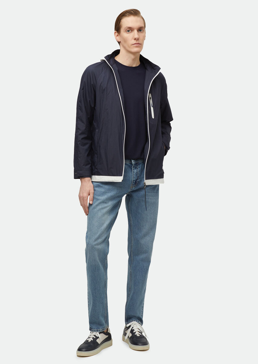 Navy Blue Regular Fit Hooded Denim Weaving Coat - 2