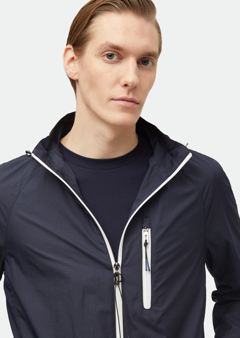 Navy Blue Regular Fit Hooded Denim Weaving Coat - 4