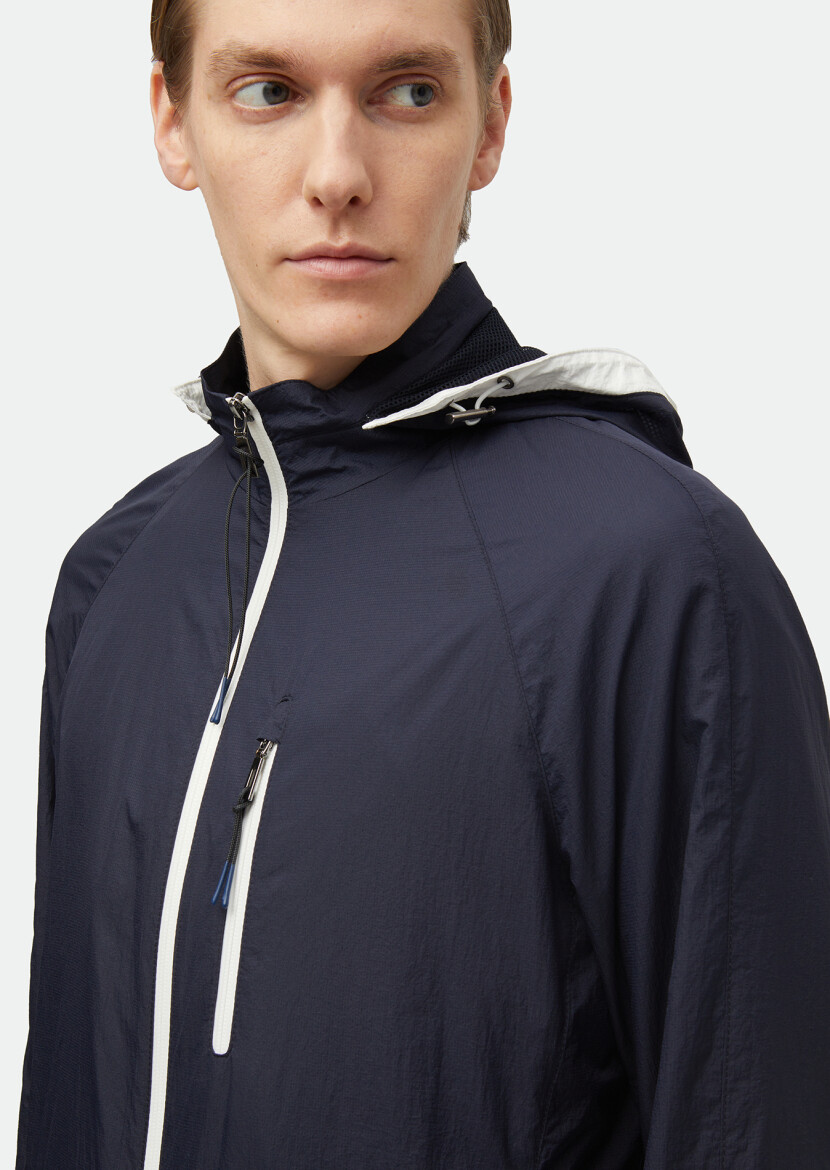 Navy Blue Regular Fit Hooded Denim Weaving Coat - 5