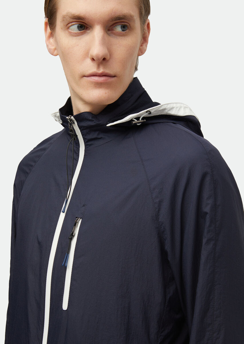 Navy Blue Regular Fit Hooded Denim Weaving Coat - 5