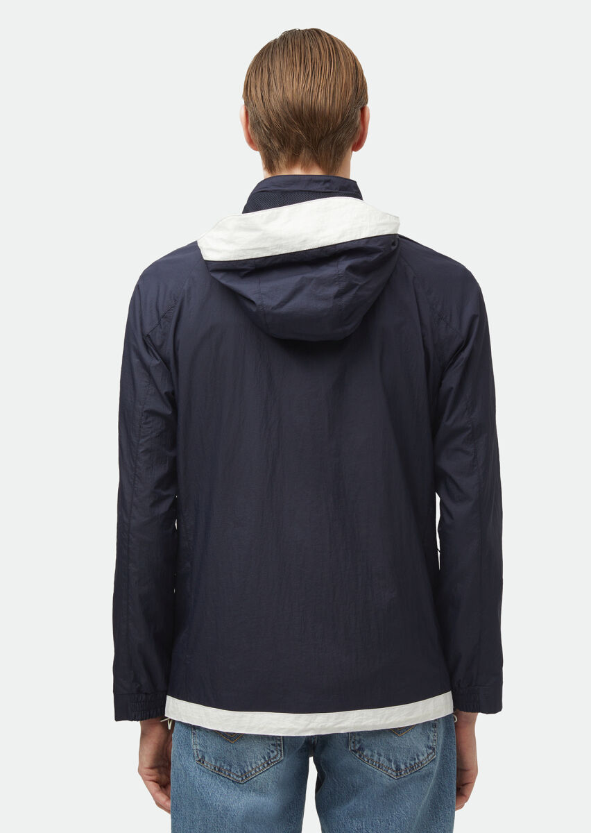 Navy Blue Regular Fit Hooded Denim Weaving Coat - 6