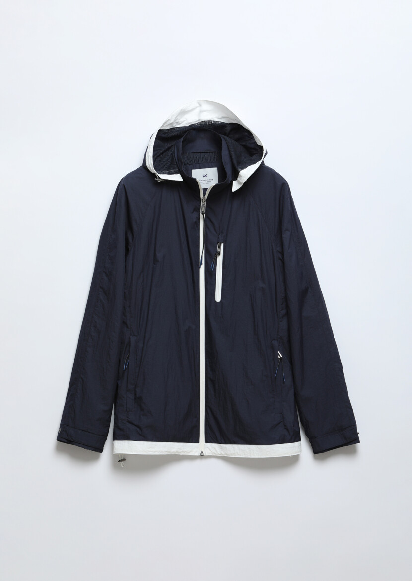 Navy Blue Regular Fit Hooded Denim Weaving Coat - 7