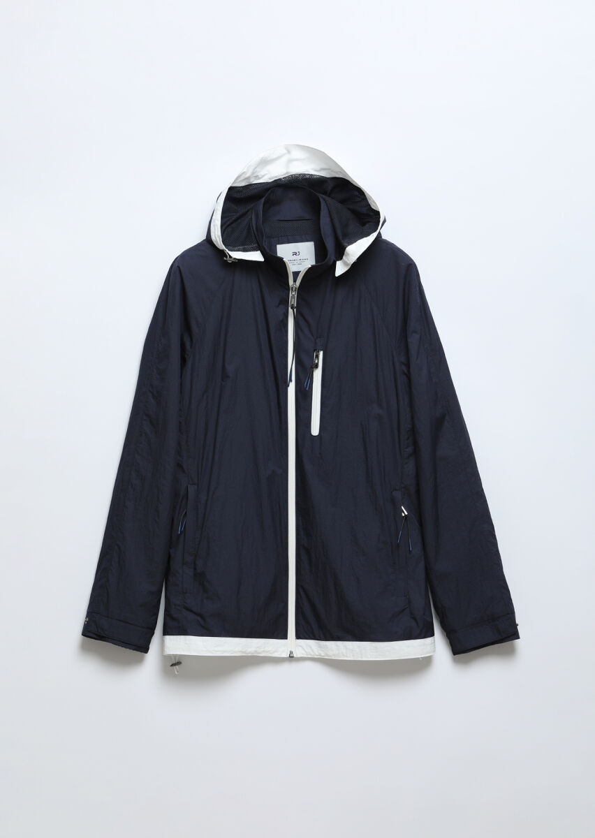 Navy Blue Regular Fit Hooded Denim Weaving Coat - 7